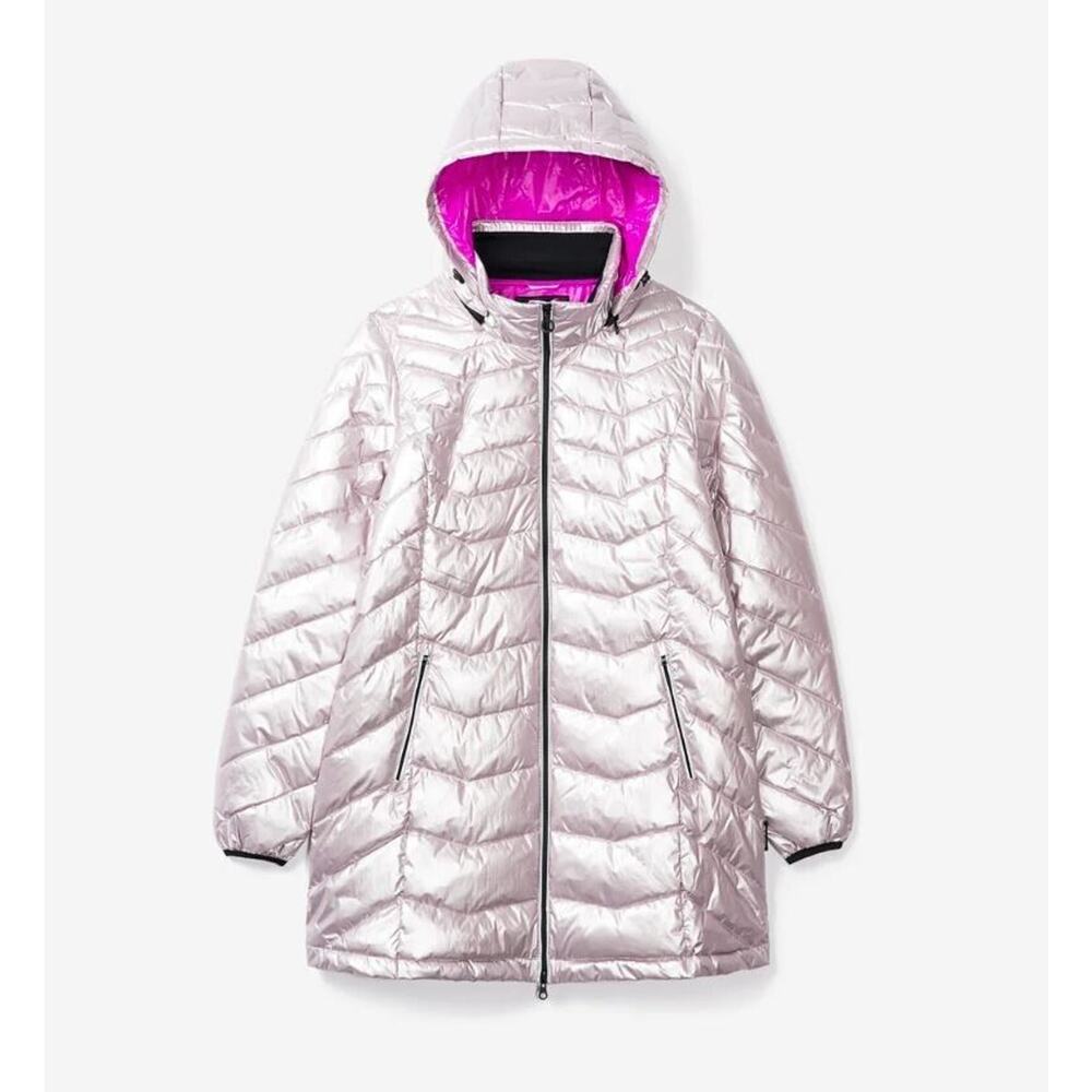 Noize Girls Claire Mid Length Puffer Jacket in Pink Metallic Large(12) MSRP $198